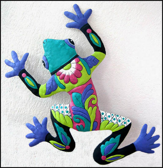 Painted Metal Frog Garden Wall Decor - Turquoise & Green  - 13" x 17"